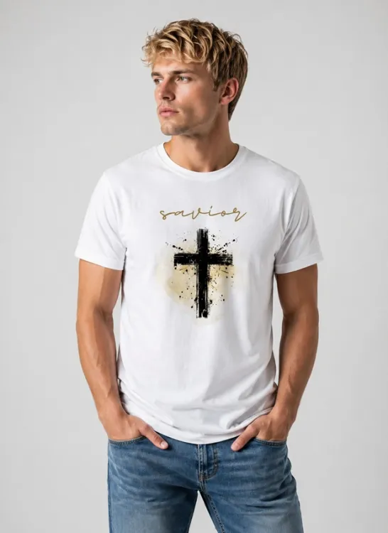 Mężczyzna w białej koszulce chrześcijańskiej Savior z czarnym krzyżem i odręcznym złotym napisem — krój męski, e-religijne.pl