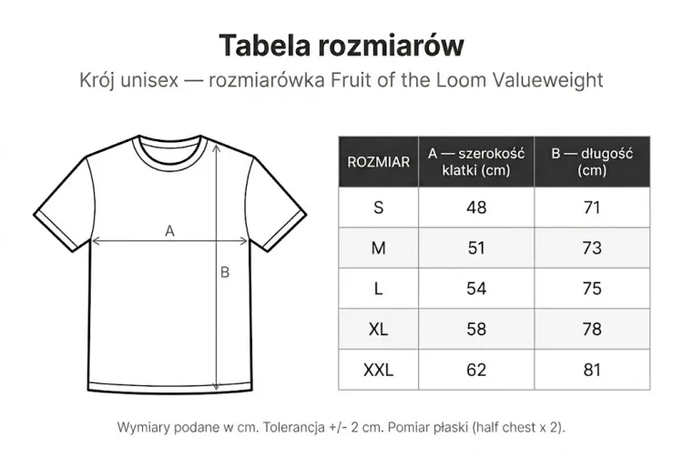 Tabela rozmiarów dla Koszulka chrześcijańska Ora et Labora w kolorze khaki z białą grafiką dłoni do modlitwy i różańcem — bawełna 180 g/m², Fruit of the Loom, e-religijne.pl