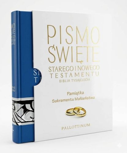 Biblia Tysiąclecia pamiątka sakramentu małżeństwa biała oprawa etui prezentowe złocone obrączki Pallottinum 2025