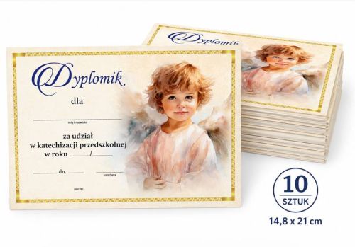 Dyplom za katechizację przedszkolną A5, papier 300g z lakierem UV, grafika aniołka, pakiet 10 sztuk
