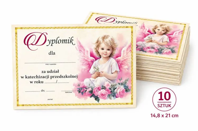 Dyplom katechizacja przedszkolna A5, dziewczynka z różowymi skrzydłami i kwiatami, papier 300g, 10 sztuk