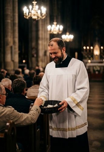 Ksiądz w szatach liturgicznych zbierający ofiarę na tacę w nawie kościoła podczas Mszy.