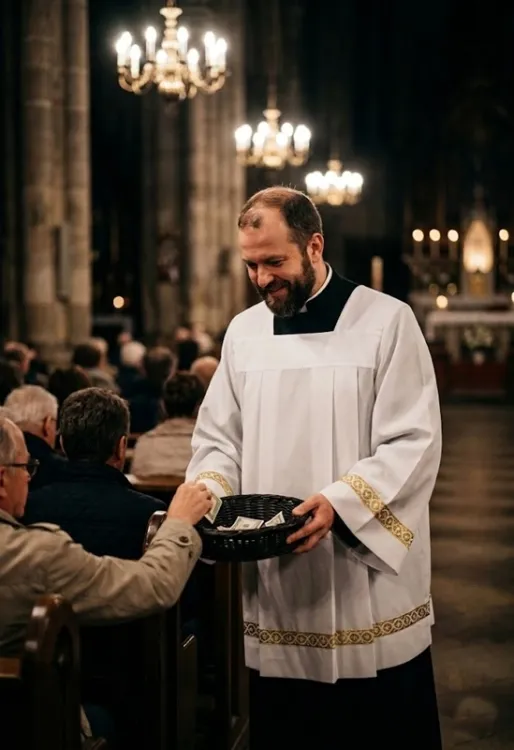 Ksiądz w szatach liturgicznych zbierający ofiarę na tacę w nawie kościoła podczas Mszy.