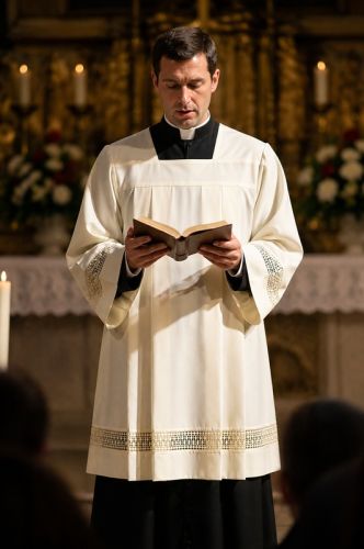 Komża kapłańska ecru z gipiurą — ksiądz w komży podczas liturgii, widoczna wstawka na rękawach i dole