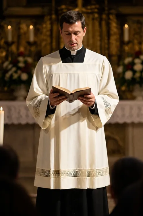 Komża kapłańska ecru z gipiurą — ksiądz w komży podczas liturgii, widoczna wstawka na rękawach i dole