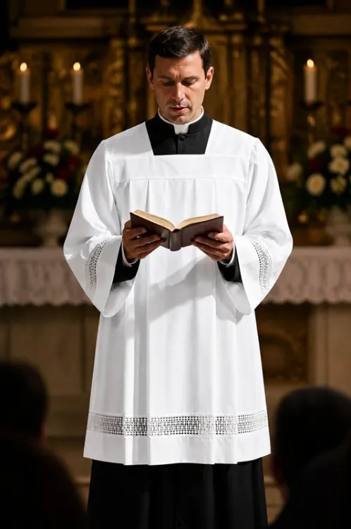 Ksiądz w białej komży kapłańskiej z gipiurą czytający z księgi liturgicznej — widok wstawki gipiurowej na rękawach i dole szaty