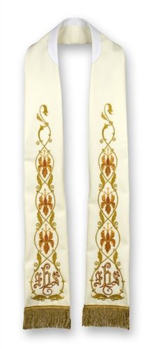 Stuła kapłańska haftowana w złote symbole eucharystyczne — IHS, kielich, hostia, wzory roślinne, frędzle złote
