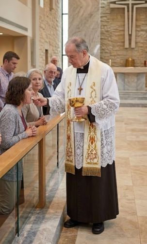 Ksiądz w stuле haftowanej udzielający Komunii Świętej — widoczny haft eucharystyczny na ramieniu i przy frędzlach