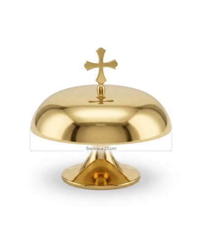 Gong mszalny mosiężny pozłacany 23 cm z krzyżem łacińskim na szczycie czaszy