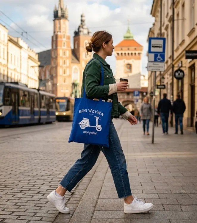 Kobieta z niebieską torbą Bóg wzywa więc pędzę w Krakowie — biały nadruk skutera i ichtysa, bawełniany tote bag z cytatem Flp 3, 14, e-religijne.pl