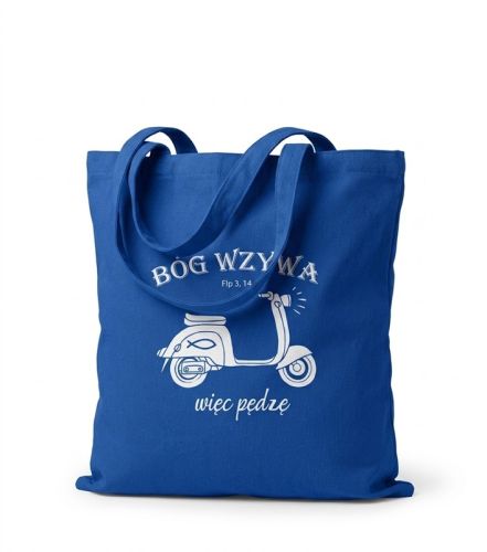 Niebieska bawełniana torba chrześcijańska Bóg wzywa więc pędzę z białym nadrukiem skutera i ichtysa, cytat Flp 3, 14, klasyczny tote bag — e-religijne.pl