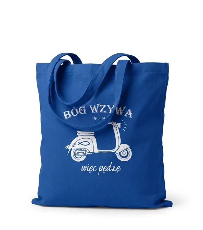 Niebieska bawełniana torba chrześcijańska Bóg wzywa więc pędzę z białym nadrukiem skutera i ichtysa, cytat Flp 3, 14, klasyczny tote bag — e-religijne.pl