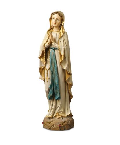 Figura Matki Bożej z Lourdes 30 cm żywica polichromowana, ręce złożone, niebieska szarfa, różaniec na ramieniu