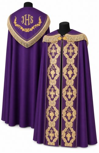 Kapa liturgiczna fioletowa z haftem IHS ASGA przód i tył – szata na pogrzeby z niemnącej tkaniny liturgicznej.