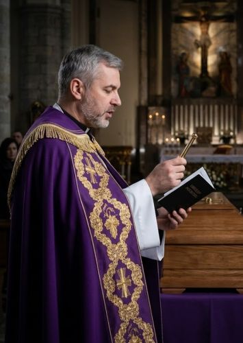 Kapłan w fioletowej kapie ASGA podczas obrzędów pogrzebowych – liturgia w kościele przy trumnie z kropidłem.