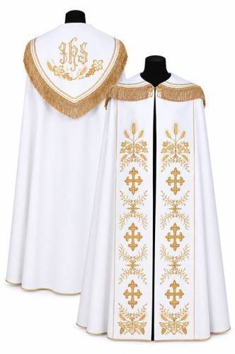 Kapa liturgiczna biała ASGA z haftowanymi pasami eucharystycznymi — widok z przodu na manekinie