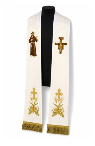 Biała stuła kapłańska AS211 z haftem św. Franciszka, Krzyża San Damiano oraz motywami eucharystycznymi na końcach.
