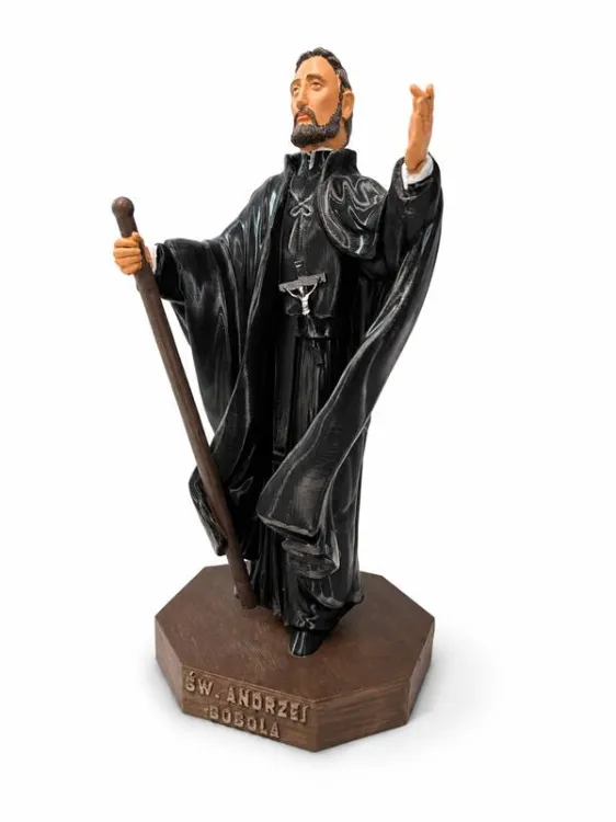 Figurka świętego Andrzeja Boboli 27 cm żywica ręcznie malowana czarna sutanna jezuicka