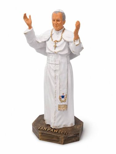 Figurka Jana Pawła II 31 cm żywica ręcznie malowana biała sutanna papieska ręce uniesione