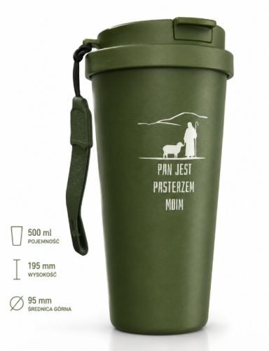 Oliwkowy kubek termiczny vacuum 500 ml dla księdza, grafika pasterza z owcą i cytat Pan jest pasterzem moim Ps 23