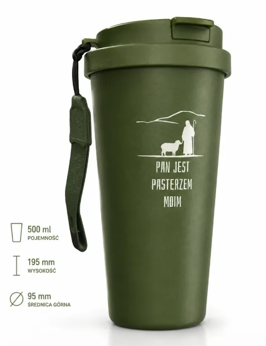 Oliwkowy kubek termiczny vacuum 500 ml dla księdza, grafika pasterza z owcą i cytat Pan jest pasterzem moim Ps 23