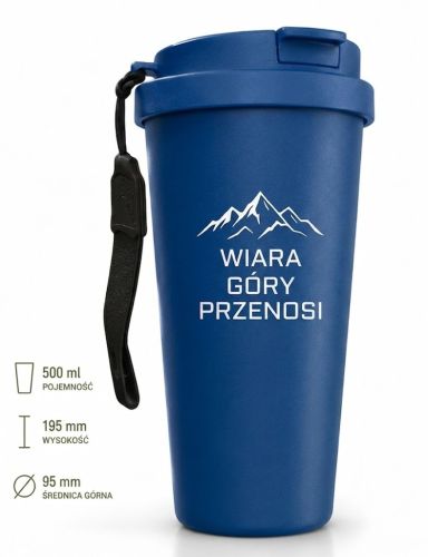 Niebieski kubek termiczny vacuum 500 ml z grafiką gór i napisem Wiara góry przenosi — e-religijne.pl