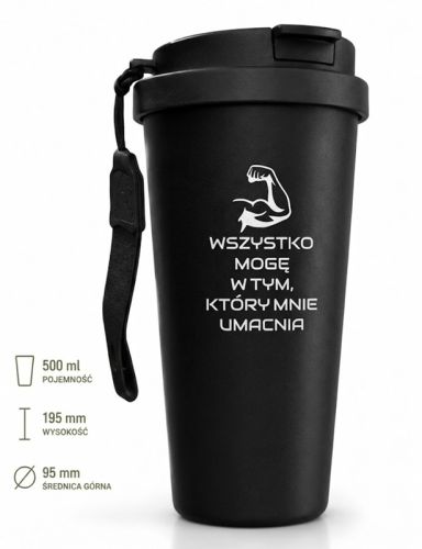Czarny kubek termiczny vacuum 500 ml z grafiką bicepsa i cytatem Wszystko mogę w Tym który mnie umacnia