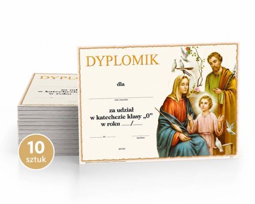 Dyplomik za udział w katechezie klasy 0 dla zerówki - opakowanie 10 sztuk, format A5 poziomy