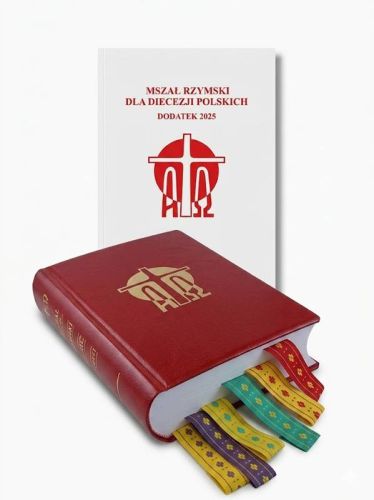Mszał Rzymski bez złoconych brzegów i Dodatek 2025 Pallottinum, pięć kolorowych tasiemek liturgicznych