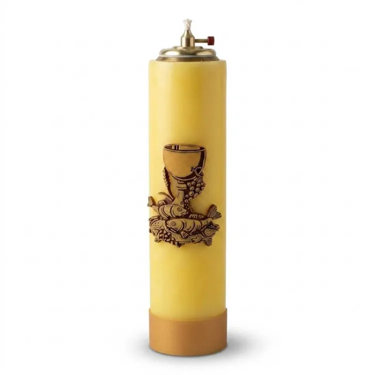 Świeca ołtarzowa olejowa żółta z aplikacją eucharystyczną - kielich, ryby, chleby, 30 cm