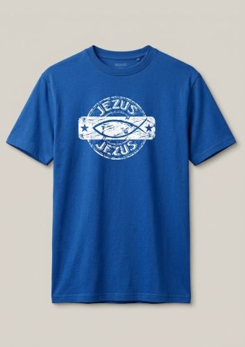 Packshot niebieskiej koszulki religijnej Jezus z pieczęcią ichtys, krój unisex, vintage stamp