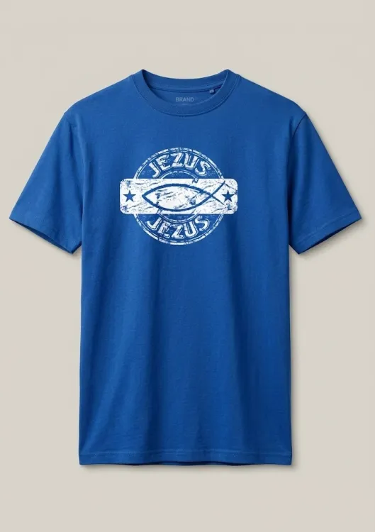 Packshot niebieskiej koszulki religijnej Jezus z pieczęcią ichtys, krój unisex, vintage stamp