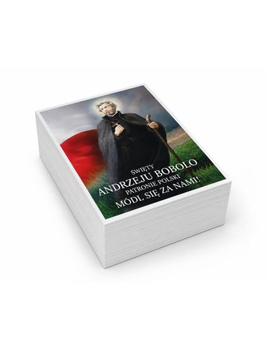 Obrazek A6 ze św. Andrzejem Bobolą w stroju jezuickim; rewers: modlitwa za Ojczyznę, druk papier błysk