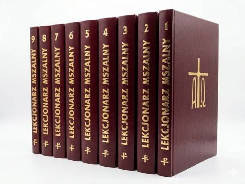Komplet Lekcjonarzy mszalnych tomy 1–9 format A4 oprawa płócienna bordowa Pallottinum drugie wydanie