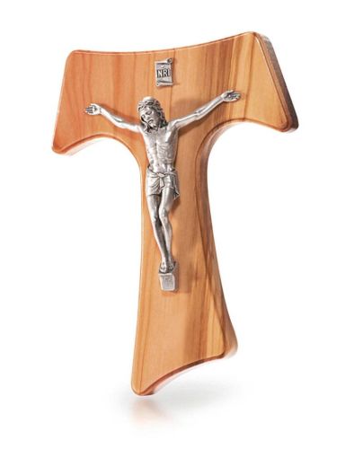Krzyż Tau z drewna oliwnego z Ziemi Świętej, 19 cm, z metalowym korpusem Chrystusa