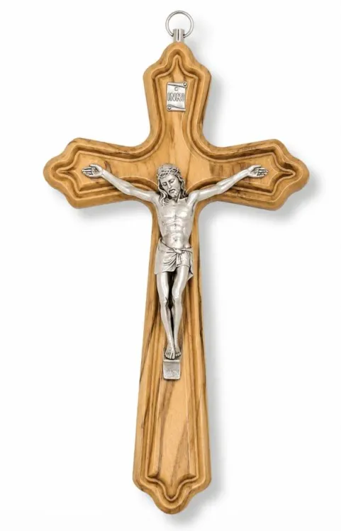 Krucyfiks z drzewa oliwnego, żłobiony, 20 cm, z figurą Chrystusa i INRI
