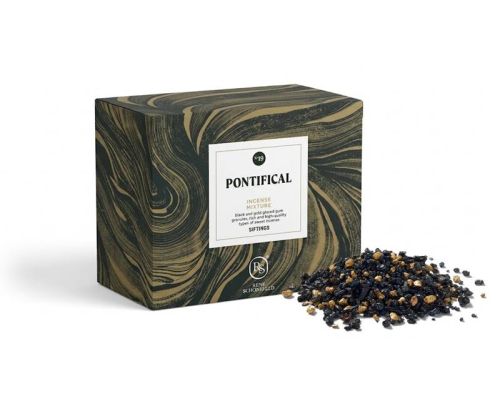 Pudełko kadzidła kościelnego Pontifical Nº 19 marki René Schönefeld o wadze 500 g, ze złoto-oliwkową grafiką, z czarno-złotymi ziarnami żywicy w środku