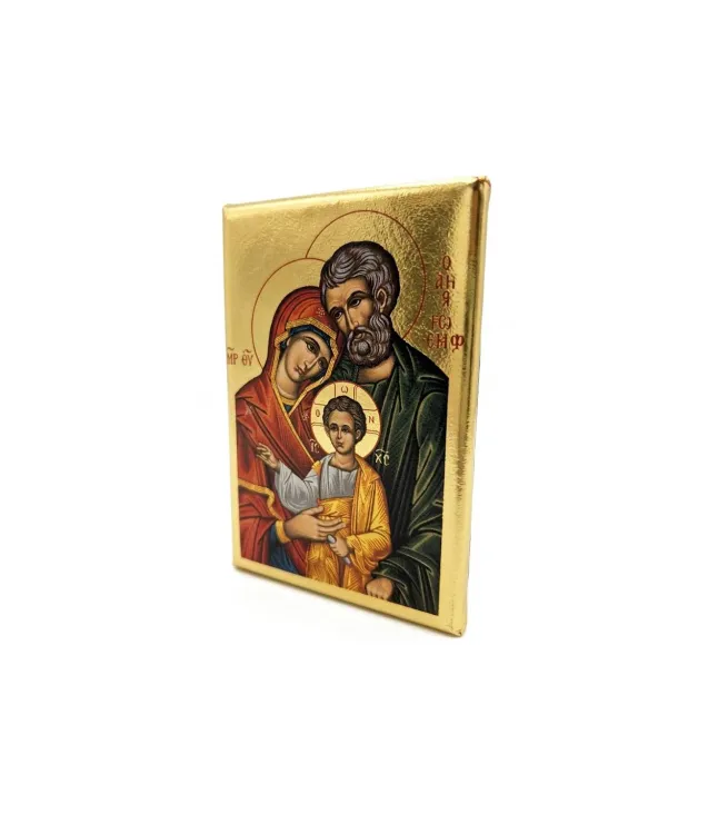 Magnes z ikoną Świętej Rodziny, złote tło, styl bizantyjski, 8,5 × 11 cm, grecka pracownia