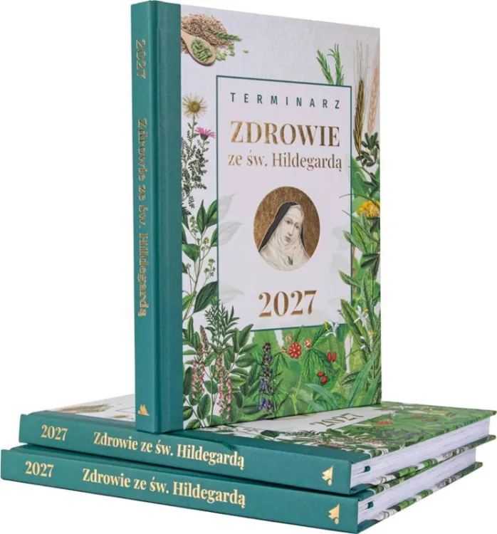 Terminarz Zdrowie ze św. Hildegardą 2027 – widok okładki pod kątem, format 170 × 240 mm