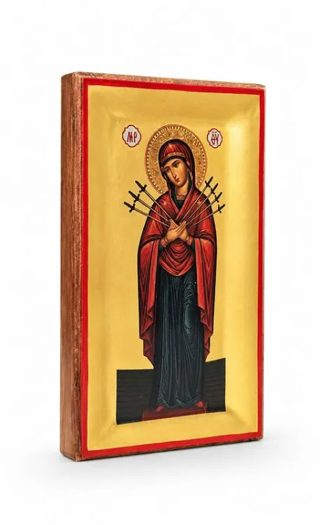 Ikona grecka Matka Boża Bolesna Siedmiu Mieczy, czerwony maforion, złote tło, 11×18 cm