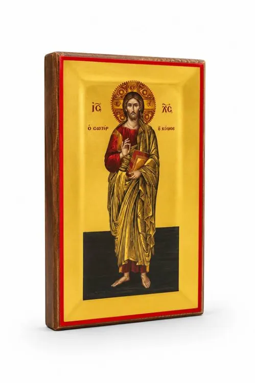 Ikona grecka Jezus Chrystus Zbawiciel, gest błogosławieństwa, Ewangeliarz, 11×18 cm