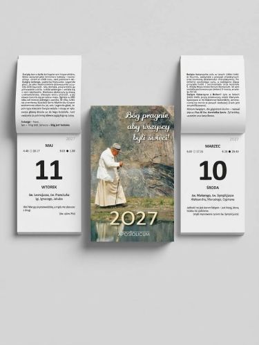 Kalendarz zdzierak religijny 2027 z Janem Pawłem II na okładce, motyw górski, kalendarz ścienny