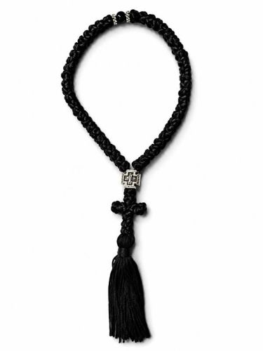 Czotki 50 klasyczne czarne z plecionym krzyżem – komboskion 8 mm, 25 cm