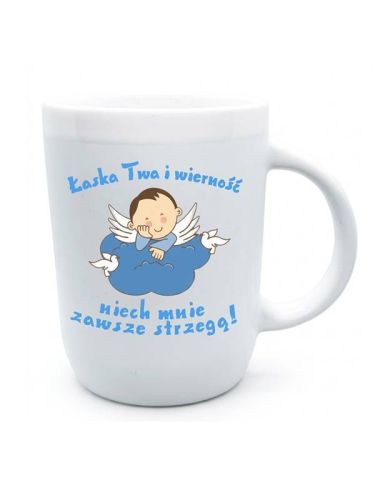Biały kubek religijny z aniołkiem na obłoku – modlitwa „Łaska Twa i wierność", 310 ml
