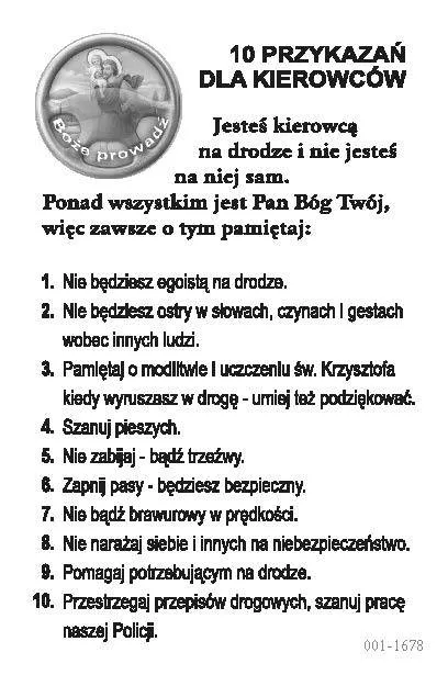Rewers obrazka – pełny tekst „10 przykazań kierowcy" z medalikiem św. Krzysztofa