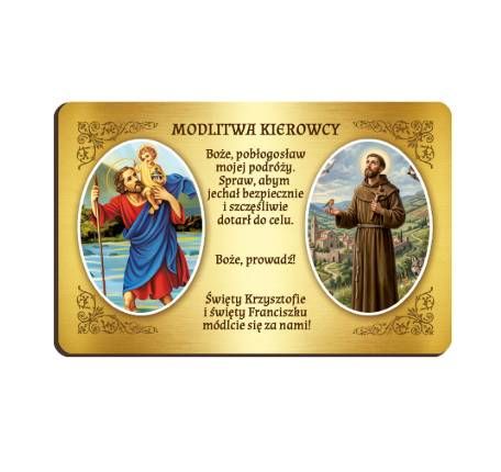 Drewniana plakietka samochodowa ze świętym Krzysztofem i modlitwą kierowcy, 5 × 8,5 cm