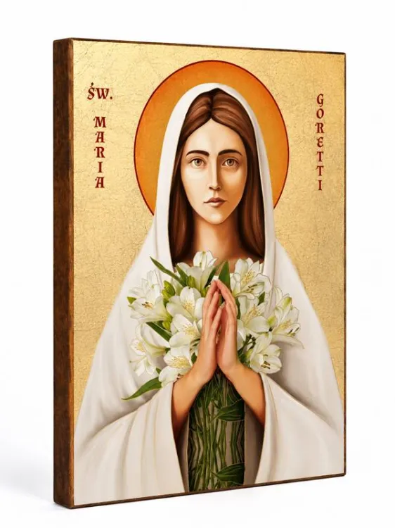 Ikona św. Maria Goretti – patronka młodzieży i czystości, białe lilie, złocona deska