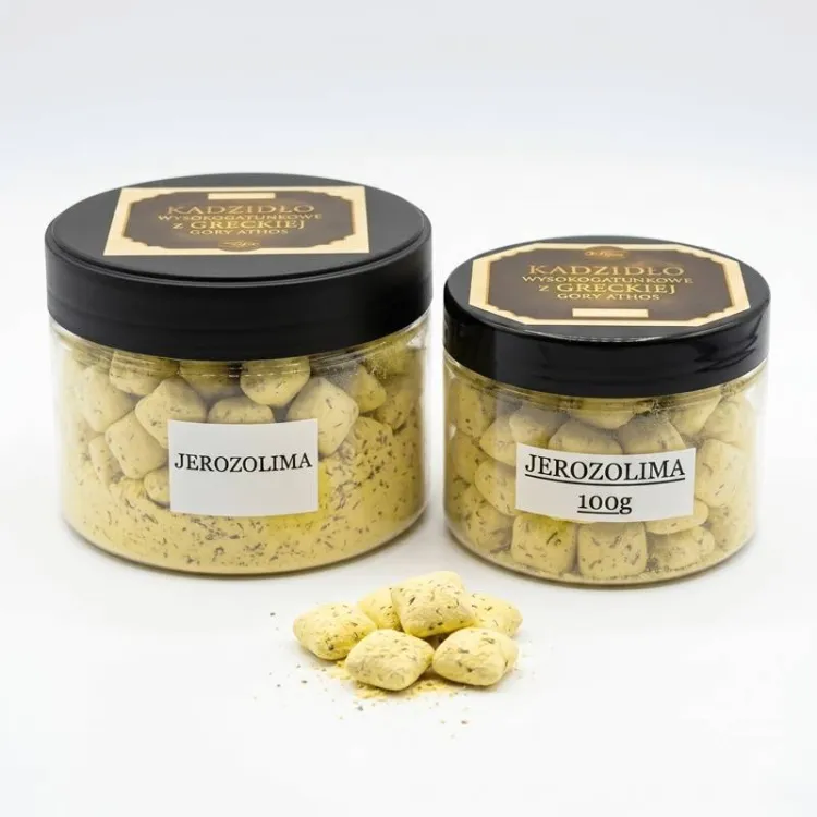 Kadzidło Jerozolima z Góry Athos – kremowo-żółte poduszeczki, słoiki 100 g i 250 g