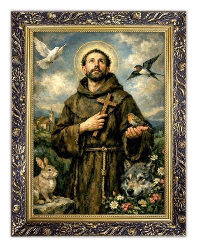Obraz święty Franciszek z Asyżu w złotej ramie z ornamentem – wizerunek 30 × 40 cm, patron zwierząt