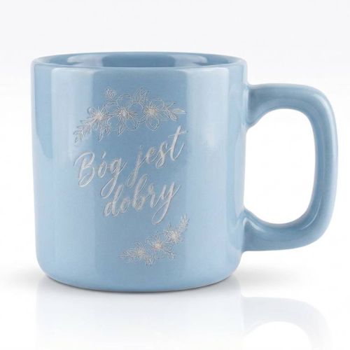 Błękitny ceramiczny kubek z grawerowanym napisem „Bóg jest dobry" i delikatnym motywem kwiatów